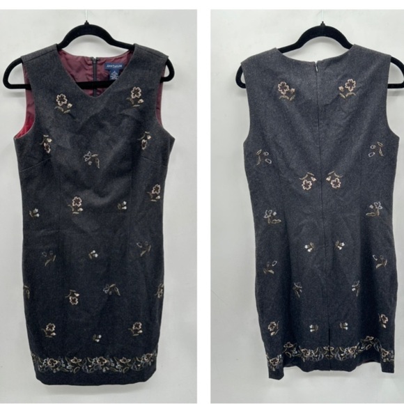 ANN TAYLOR VINTAGE Grey embroidered floral boho wool gorpcore classic dress 8 - Picture 1 of 12